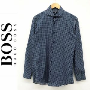 BOSS HUGO BOSS ヒューゴボス メンズ 長袖 デザイン シャツ コットン100% イタリア製 ブルー系 青系 紳士 38A 15 SLIM FIT M相当