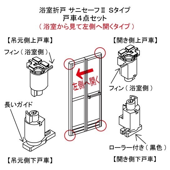 サニセーフⅡ折戸Ｓタイプ左用 ＹＫＫ浴室折戸部品　上下セット( 4個) ＨＨＸ-0086　浴室折戸4点セット　左側固定　新品　（最安値）