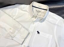 Abercrombie&Fitch アバクロ 長袖シャツ メンズ M 白 ワイシャツ なめらかな薄手生地 ボタンダウン ロゴ刺繍入 A&F クリーニング済 2 D507_画像3