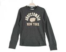 美品 abercrombie アバクロ 長袖Tシャツ kids L ダークグレー ロゴワッペン インディアンモチーフ NewYork 刺繍 ロンT A&F 丸首 子供 D498_画像1