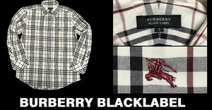 新品同然バーバリーブラックレーベルBURBERRY BLACKLABEL刺入りノバチェック隠しボタンダウン長袖シャツ★ホワイト★3