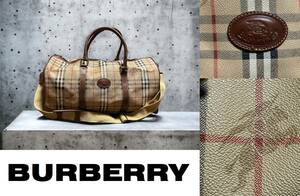 新品同然バーバリーBURBBERRY★ノバチェック柄ボストンバッグ★ショルダー付き★PVC＆本皮レザー★51x27x23