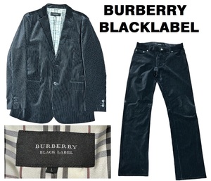 新品同然バーバリーブラックレーベルBURBERRY BLACKLABELベロアｘストライプｘノバチェック裏地スーツ★ブラック★Ｌ＆82