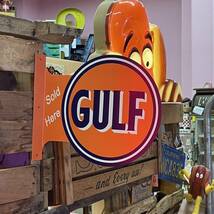 GULF ラウンド フランジ サイン 看板 メタル ブリキ 垂直 壁面 店舗 アドバタイジング ガルフ_画像1