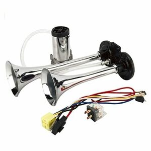 8MILELAKE 車用エアホーンキット 12V 150dB スーパー大声 ツイントーンクロームメッキ亜鉛デュアルトランペット 自動車 大型車 トラック