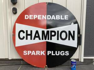  Vintage large signboard CHAMPION SPARK PLUGS diameter 76cm Champion plug / horn low signboard garage America Setagaya base Showa Retro 