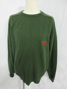 ５６２　バーバリー　スコットランド製　深緑色　胸に赤い刺繍　ウール100%　長袖セーター　38サイズ