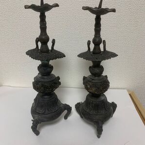 中国骨董品 中国青銅器 清朝末期時期 蓮華双鶴三足燭台 完全品 本物