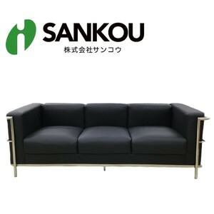  sofa 3 seater . stylish high class synthetic leather black steel Northern Europe low type sofa three seater .