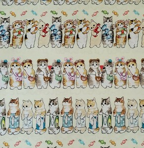 新品＊108×80cm 　コットンタイプ＊ネコ×キャンディー＊ペールイエロー　猫柄　子供用　ハンドメイド　布 はぎれ　生地　X-1