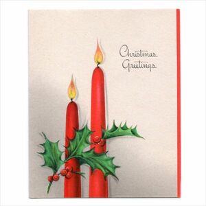 品番PAP-22-013◆USAヴィンテージ1950年代紙ものクリスマスカード｜ひいらぎと2本の赤いキャンドル・グリーティングポストカード Christmas