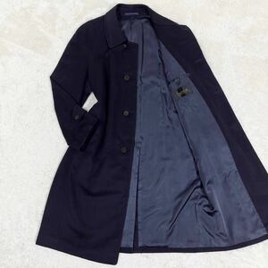 カシミヤ100%【繊維の宝石】PURE CASHMERE ステンカラーコート ロング ジャケット ラグラン ネイビー 紺 Lサイズ 着丈110cm