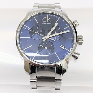 【9366】Calvin Klein カルバンクライン CK K2G271 クロノグラフ 銀 紺 メンズ 腕時計 デイト クォーツ テスター〇 雑貨 ブランド 服飾