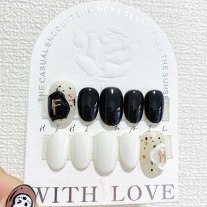 ネイルチップ つけ爪 ブラック ホワイト 韓国 ワンホン 春 夏 秋 冬