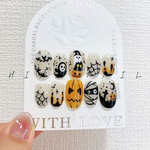 ハロウィンネイル ネイルチップ つけ爪 かぼちゃ オレンジ 春 夏 秋 冬 ワンホン 韓国