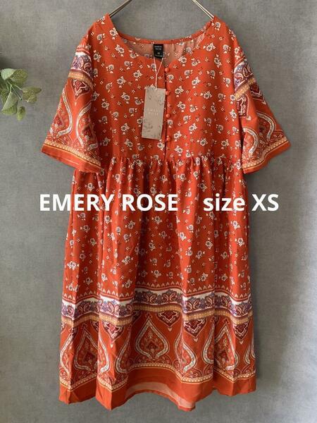 【新品未使用】EMERY ROSE 花柄半袖チュニック オレンジ 朱色