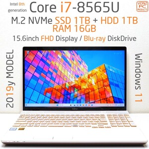 ★2019yモデル★Windows11★Core i7-8565U★M.2 NVMe SSD 1TB + HDD 1TB / DDR4 16GB / BD / USB-C / カメラ★15.6型FHD液晶★AH56/D1★