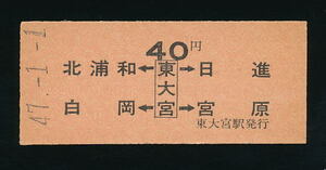 ■東大宮駅発行・普通乗車券（東北本線）★国鉄・未使用・硬券（発売当時４０円）★昭和４７年発行■