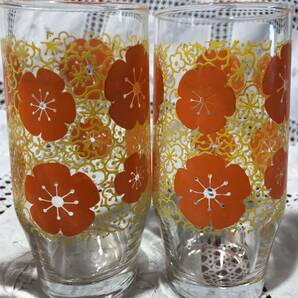 C80 昭和レトロ ガラスコップ 3種6点セット オレンジ系 フラワープリント レトロポップの画像3