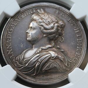 1713年　アン女王　イギリス　ユトレヒト締結記念　銀メダル　ブリタニア　NGC　AU58　英国　アンティーク　コイン　金貨　銀貨　シルバー
