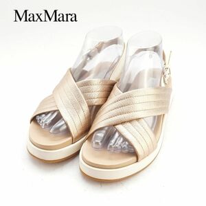 美品 Max Mara マックスマーラ 36 23.0 クロスサンダル 厚底 バックル レザー ゴールド/JC23