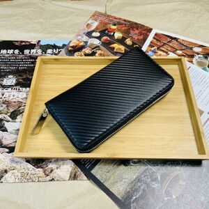 【田中革具】 訳あり 青×黒 ★ カーボンレザー 長財布 ラウンドファスナー ロングウォレット 牛革 メンズ 財布 革財布 1円 一円 新品