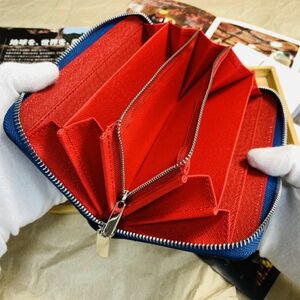 【田中革具】訳あり/新品 青×赤 ハンドメイド カーボンレザー 長財布 財布 ラウンドファスナー ロングウォレット 牛革 本革 メンズ 1円