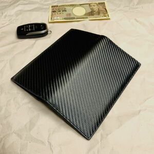 【田中革具】訳あり 黒　ハンドメイド カーボンレザー 二つ折り財布 ウォレット コインケース 牛革 レザー メンズ財布 長財布　ビジネス