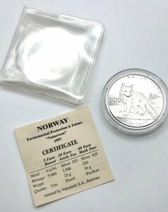 #1002# NORWAYノルウェー 20EUROユーロ　silver925 銀貨／Arctic Fox北極キツネ／＂Naturvern＂1997年　記念硬貨