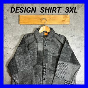 ●新品未使用● 柄シャツ パッチワーク　総柄 3XL 起毛　シャツジャケット　グレー　アウター　カバーオール　チェック　フリース