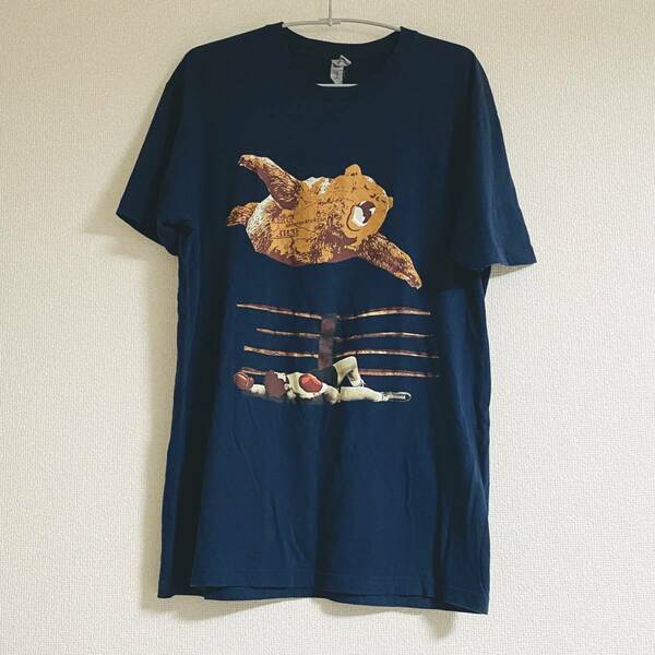 【古着】フライング ベア プロレスリング プリント Tシャツ ネイビー M / かわいい 面白 デザイン tee t-shirt navy bear