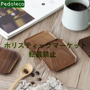 木製コースター 3枚セット 黒グルミ オクタゴン 手作り おしゃれな茶托 デザート皿 厚め 防水 装飾 滑り止め/断熱 無塗装