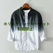 新品推薦 七分袖Tシャツ リネンシャツ 麻100％ グラデーション 立ち襟 個性的 トップス スリム サマー 紳士 ブラック M~3XL_画像2