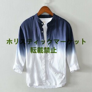 新品推薦 七分袖Tシャツ リネンシャツ 麻100％ グラデーション 立ち襟 個性的 トップス スリム サマー 紳士 ブラック M~3XL