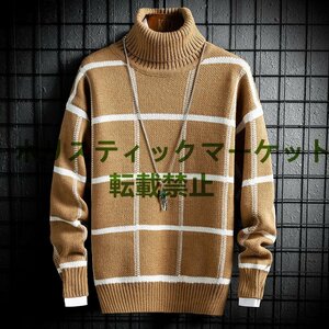 新作 チェック柄 ニット セーター タートルネック メンズ トップス ハイネック 暖か おしゃれ 新品 M~3XL ブルー