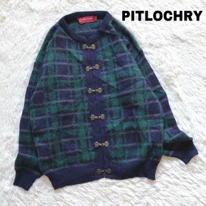 87X英国製PITLOCHRY ウールニットカーディガン チェックメタルフック L〜XL相当