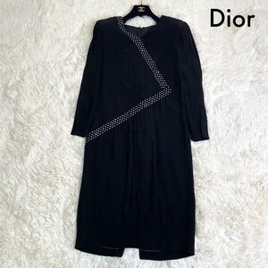 101 Christian Dior クリスチャンディオール Vネック ドレス ワンピース 黒 ブラック ラインストーン パーティー ラグジュアリー S