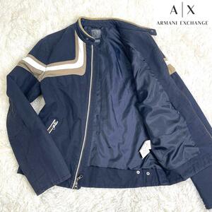 1134 希少 美品 アルマーニエクスチェンジ ARMANI EXCHANGE コットン ライダースジャケット M〜L相当 シングル ボーダー エルボーパッド