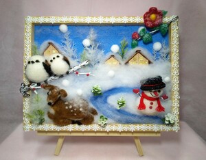 Art hand Auction Textura de lana, paisaje de invierno, teta de cola larga, pájaro, muñeco de nieve, ciervo, miniatura, hecho a mano, interior, juguete, juego, peluche, Textura de lana