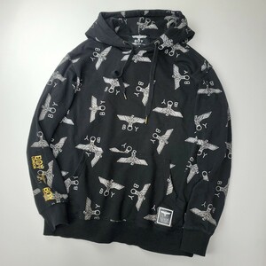 ◇c 【人気アイテム】 ボーイロンドン BOY LONDON ロゴプリント 総柄 スウェット パーカー フーディー Mサイズ トップス 黒 ブラック