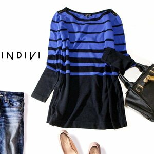 ☆☆ 美品 INDIVI インディヴィ ☆☆ 大人可愛い ボーダー柄 コットン ニット プルオーバー 38号 M 春 秋 合服 23A11