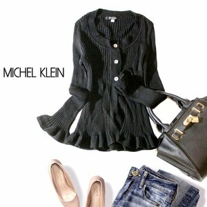 ☆☆ 美品 MICHEL KLEIN ミッシェルクラン ☆☆ 大人可愛い リブストレッチ フリルニット カーディガン 38号 M 秋 冬 23B11