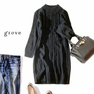 ☆☆ 美品 (株)ワールド grove グローブ ☆☆ 大人可愛い ケーブル編み 厚手ニット ワンピース M 秋 冬 23C11