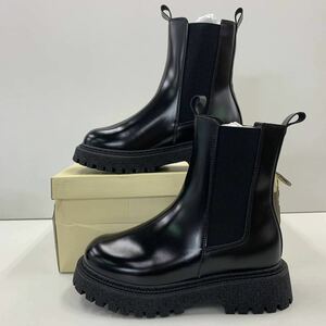 新品 Lサイズ 23.5-24.0cm 厚底ブーツ ダッドブーツ ショートブーツ 撥水ブーツ サイドゴアブーツ フェイクレザーブーツ ブラック taby6172