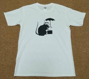 BANKSY・バンクシー・傘・ネズミ・Tシャツ・白・XL