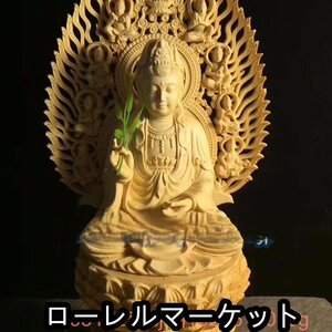 観音菩薩像 木彫 仏像 蓮の花 台座付き 精密細工 職人手作り 蓮花観音