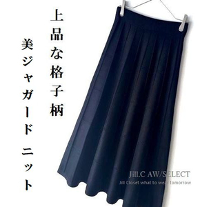 Jill.C*［新品］ 送料185円 伸縮◎美シルエット 上品な格子柄ジャガード織り 縦長効果♪ウエスト総平ゴム ニットスカート3694.BLACK