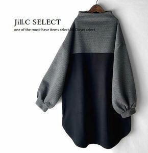 Jill.C*［新品］ 送料185円 伸縮◎バイカラー ボトルネックデザイン*ヘムライン*プルオーバー*チュニック*ワンピース3700.ブラック×グレー