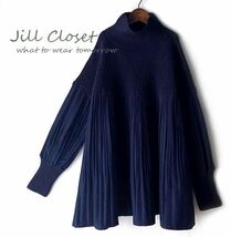 Jill.C［新品*ネイビー］ 送料185円 伸縮◎異素材切替え*リブニット×ブリーツdesign*プルオーバー*チュニック*ブラウス3167.n_画像2