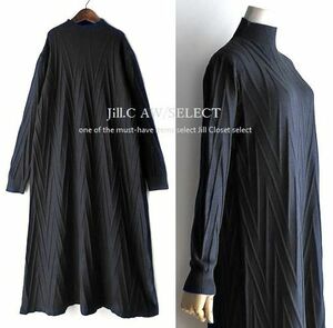 Jill.C*［新品］伸縮◎上質感 綺麗ジャガード織 ハイゲージニット ハイネックdesign*プルオーバー*Aラインシルエット ワンピース3687.BLACK